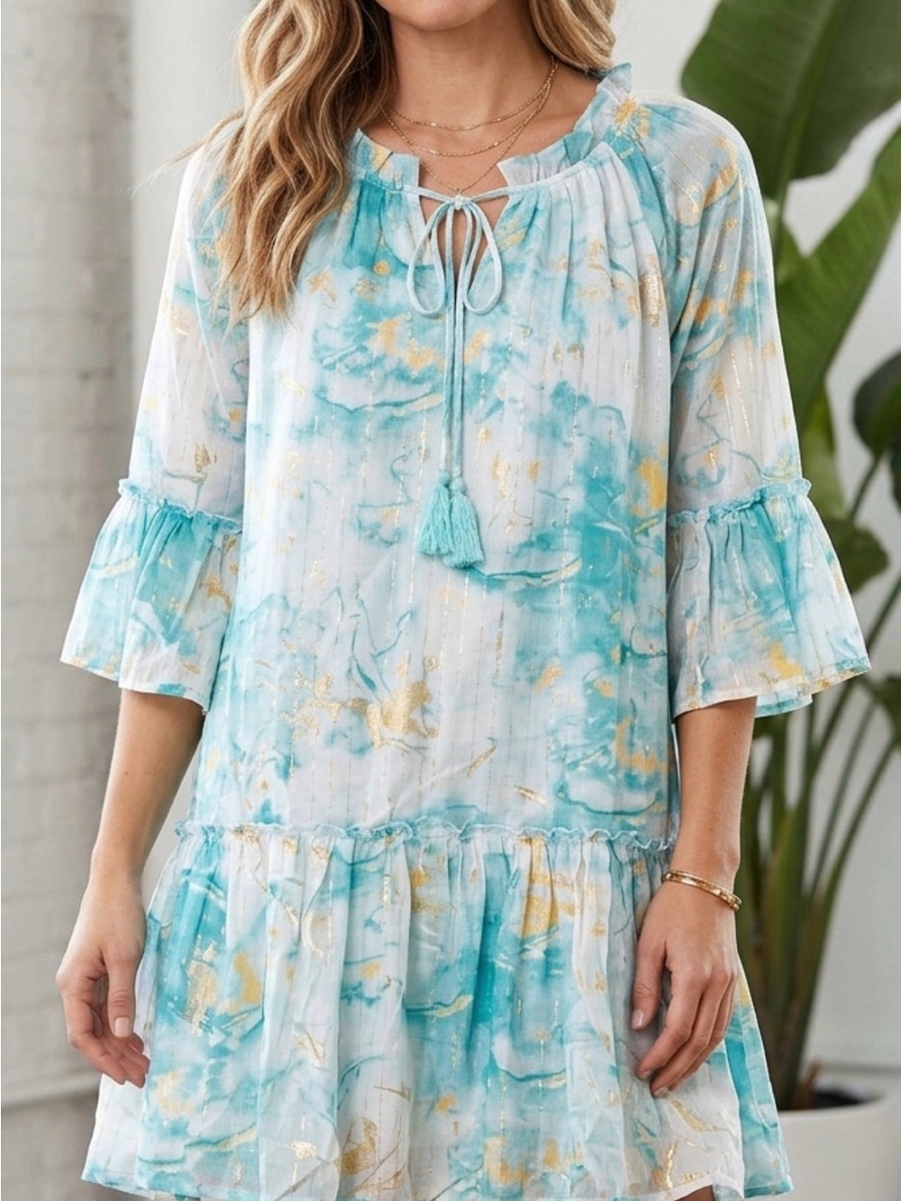 Women's Aqua Tie-Dye Midi Dress with Tassel Neck